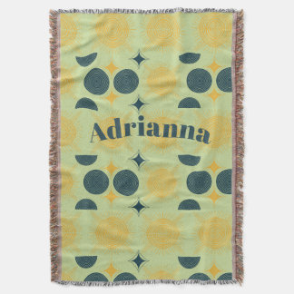 Boho Sun Moon Stars Mint Blue Yellow Personalized Throw Blanket