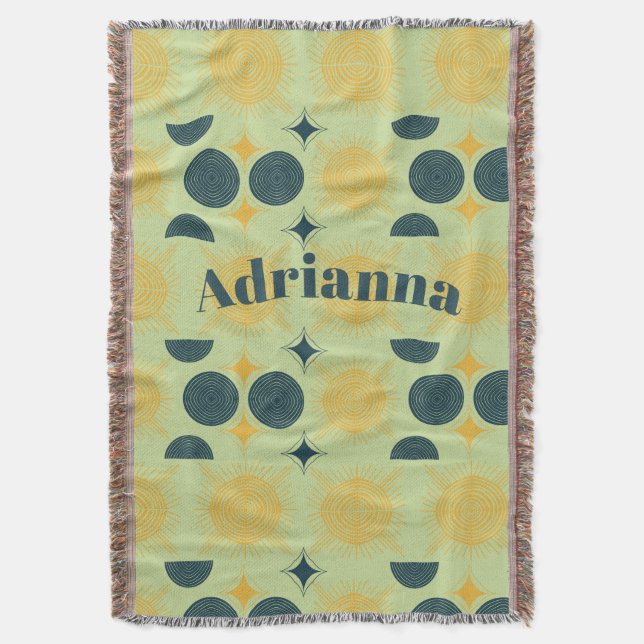 Boho Sun Moon Stars Mint Blue Yellow Personalized Throw Blanket (Front Vertical)