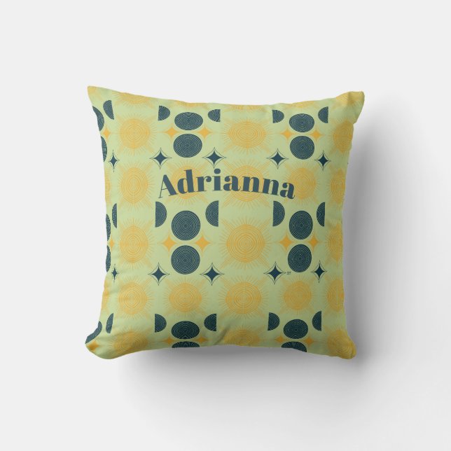 Boho Sun Moon Stars Mint Blue Yellow Personalized Throw Pillow (Front)