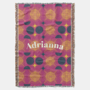 Boho Sun Moon Stars Pink Blue Yellow Personalized Throw Blanket