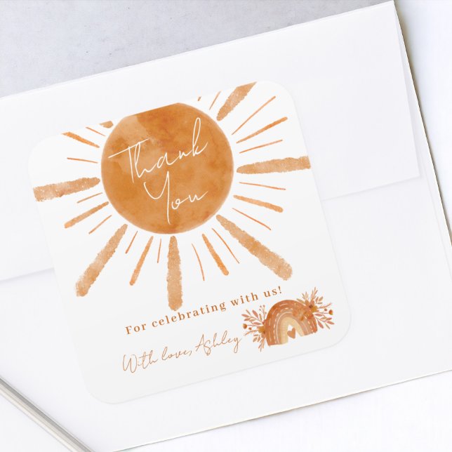 Boho sun rainbow orange baby shower thank you square sticker (Boho sun rainbow orange baby shower thank you square sticker)