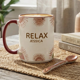 Boho Sunburst & Terracotta Custom Name "RELAX" Mug