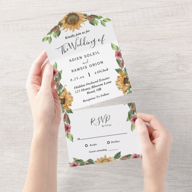 Boho Sunflower All In One Wedding Invitation (Tearaway)