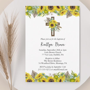 Boho Sunflower and Rustic Wooden Cross Baptism Invitation