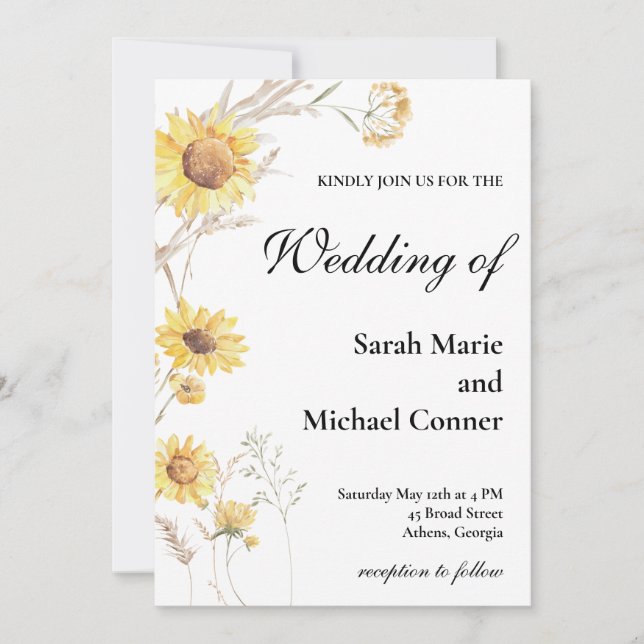 Boho Sunflower Botancial Wedding Invitation (Front)