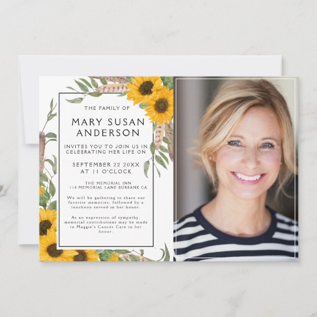 Boho Sunflower Celebration of Life Photo Invitation (Front)