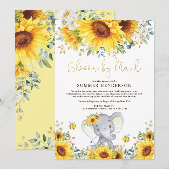 Boho Sunflower Elephant Baby Shower By Mail Invitation (Front/Back)