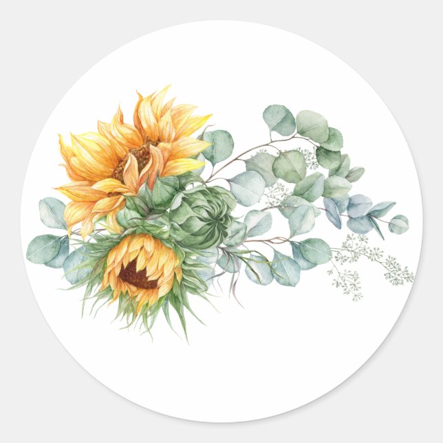 Boho Sunflower Eucalyptus Classic Round Sticker (Front)