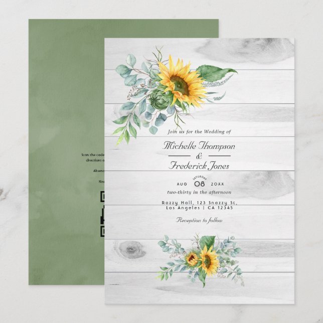 Boho Sunflower Eucalyptus  QR Code RSVP Wedding Invitation (Front/Back)