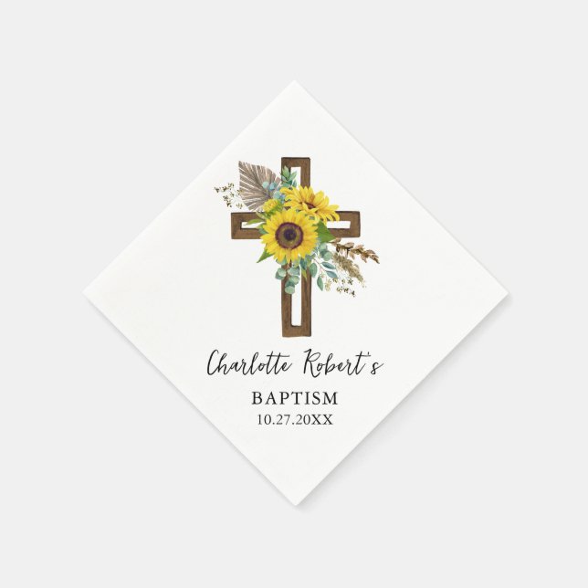 Boho Sunflower & Eucalyptus Rustic Cross Baptism Napkin (Corner)
