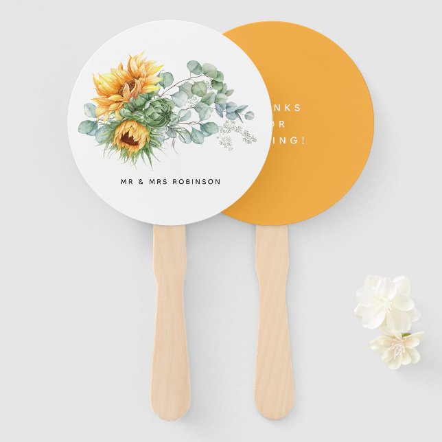 Boho Sunflower Eucalyptus Wedding Hand Fan (Front and Back)