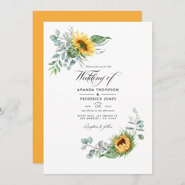 Boho Sunflower Eucalyptus Wedding Photo Invitation (Front/Back)