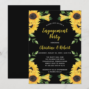 Boho Sunflower Floral Black Engagement Party Invitation