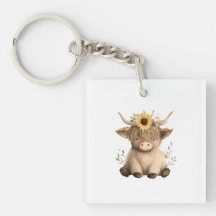 Boho Sunflower Highland Cow Keychain