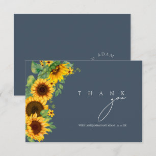 Boho Sunflower Monogram Slate Blue Wedding Thank You Card