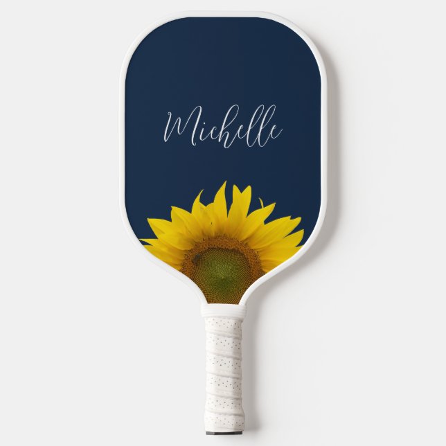 Boho Sunflower Navy Blue Elegant Personalized Pickleball Paddle (Front)