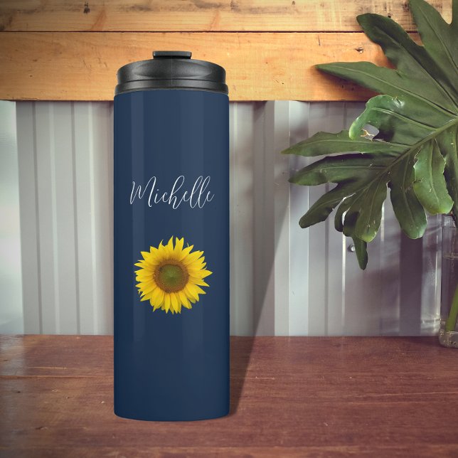 Boho Sunflower Navy Blue Elegant Personalized Thermal Tumbler (Creator Uploaded)