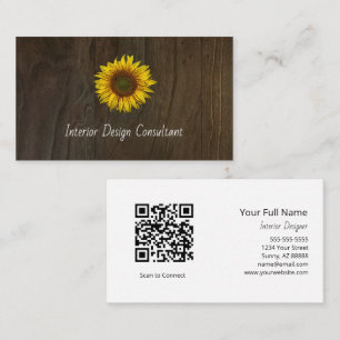 Boho Sunflower QR code Rustic Barn Wood Business Card