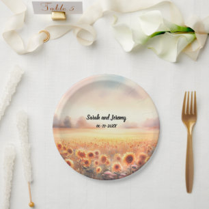 Boho Sunflower Rustic Watercolor Country Wedding Paper Plate