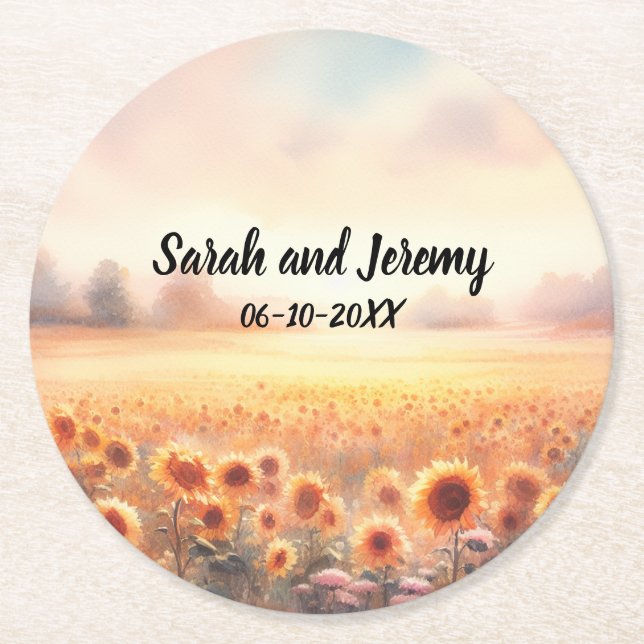 Boho Sunflower Rustic Watercolor Country Wedding Round Paper Coaster (Front)