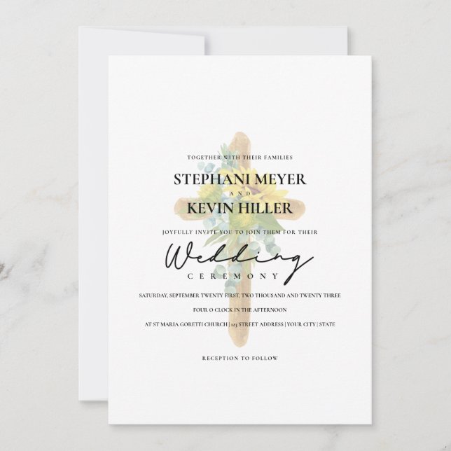 Boho Sunflower Rustic Wood Cross Wedding Invitation (Front)