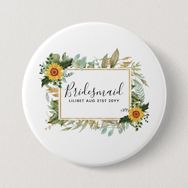 Boho Sunflower Sage Greenery Wedding 3 Inch Round Button (Front)