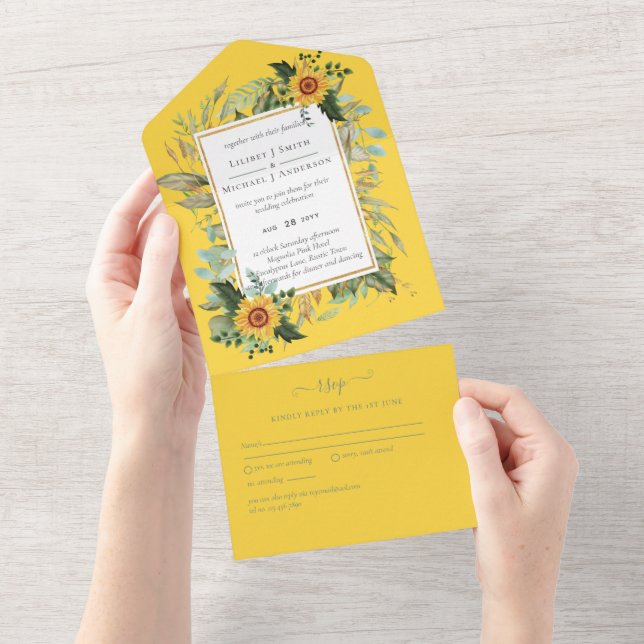 Boho Sunflower Sage Greenery Wedding All In One Invitation (Tearaway)