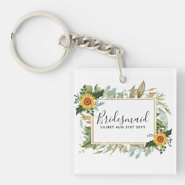 Boho Sunflower Sage Greenery Wedding Keychain (Front)