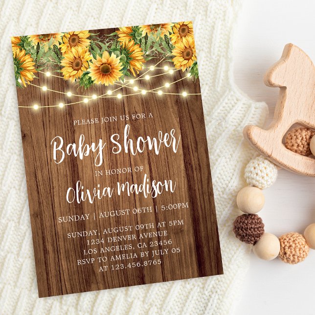 Boho Sunflower String Lights Baby Shower Invitation (Creator Uploaded)