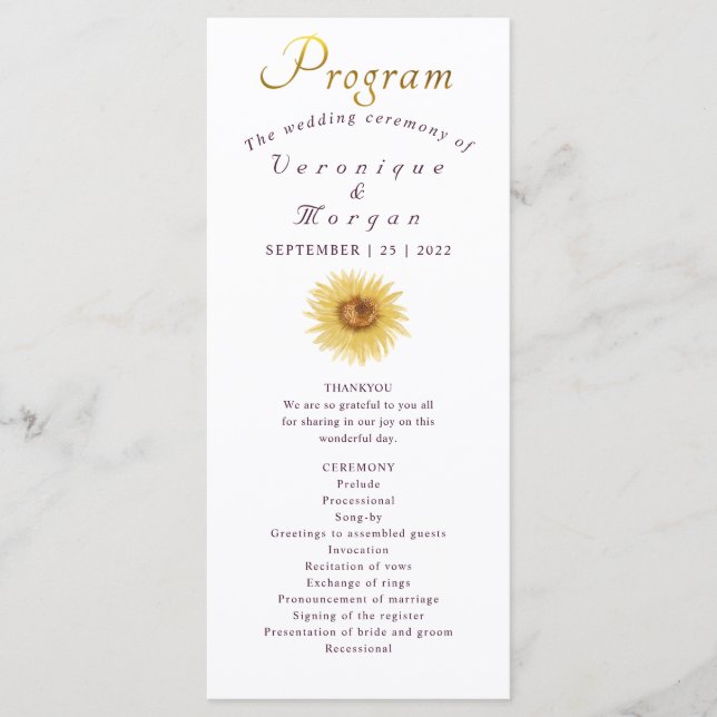 Boho Sunflower wedding program floral gold script (Front)