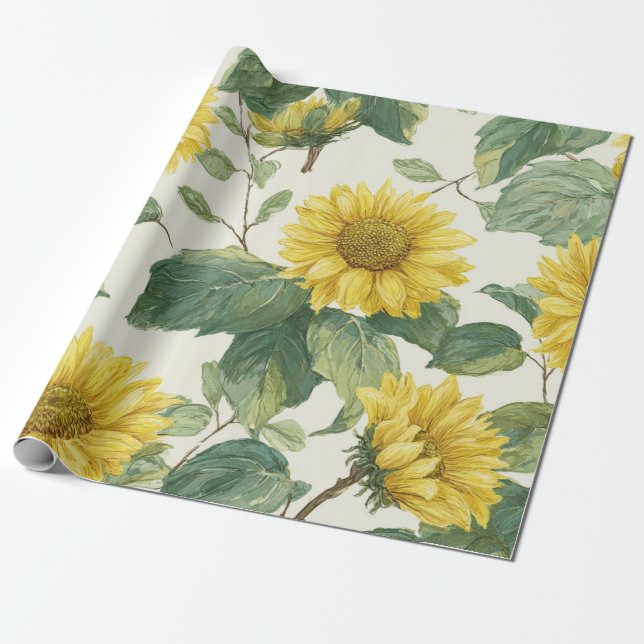 Boho Sunflower Yellow Floral Pattern Spring Summer Wrapping Paper (Unrolled)