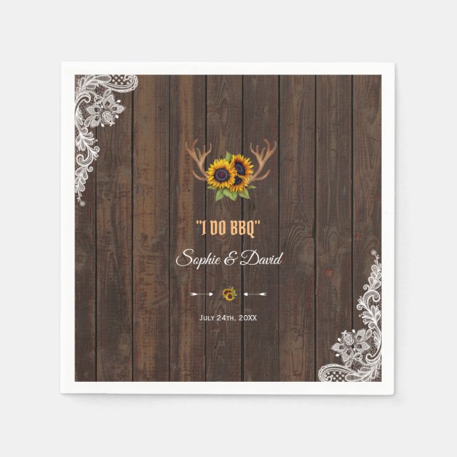 Boho Sunflowers Antlers Wood Lace I Do BBQ Napkin (Front)