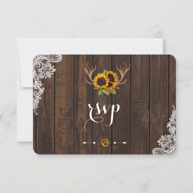 Boho Sunflowers Antlers Wood Lace Invitation RSVP (Devant)