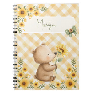 Boho Sunflowers Bear Ribbon Yellow Gingham Name Notebook