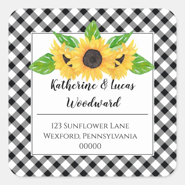 Boho Sunflowers | BW Buffalo Checks Return Address Square Sticker (Front)