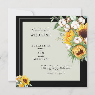 Boho Sunflowers & Cotton Square Black Wedding Invitation