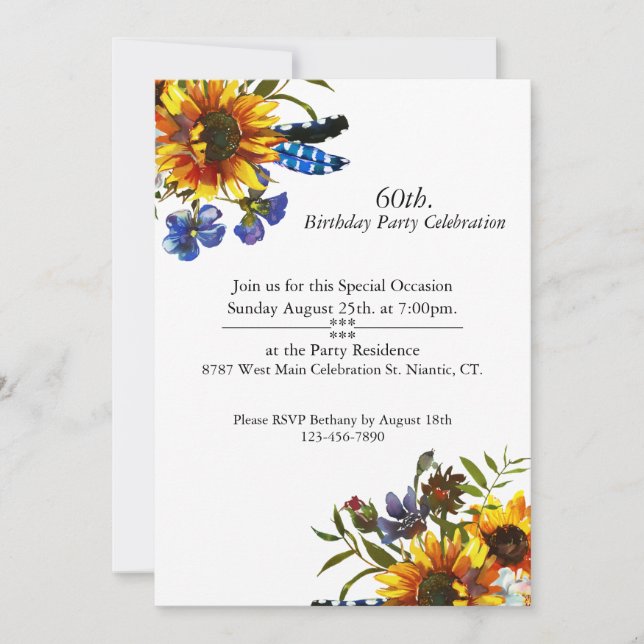 Boho Sunflowers, Feathers, Customizable, Birthday Invitation (Front)