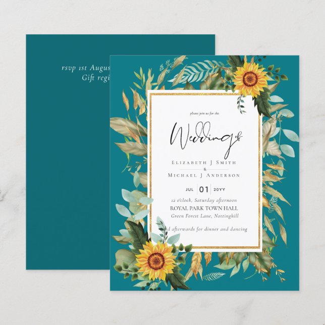 Boho Sunflowers Greenery Watercolor Wedding BUDGET (Front/Back)