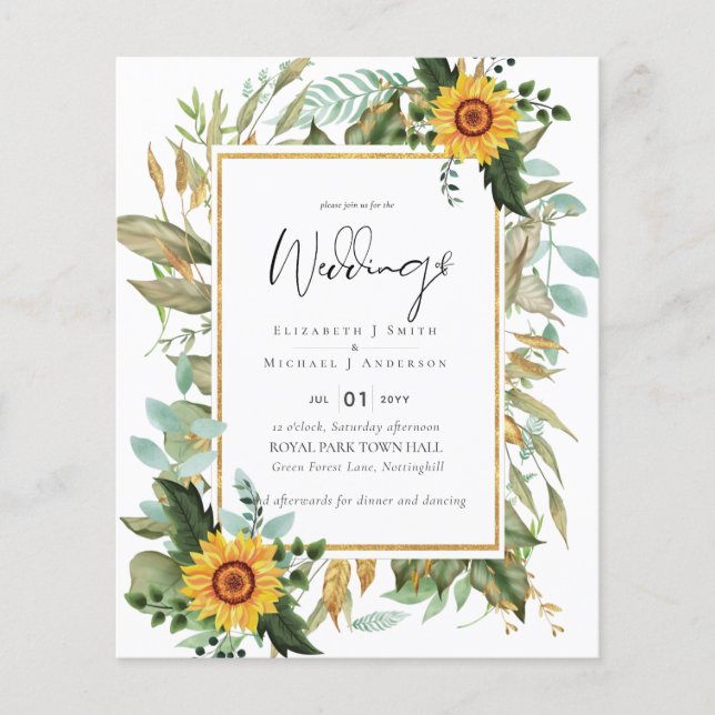 Boho Sunflowers Greenery Watercolor Wedding BUDGET Flyer (Front)