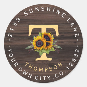 Boho Sunflowers Monogram Circular Address Label