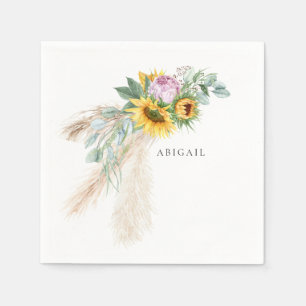 Boho Sunflowers & Pink Peonies Personalized Shower Napkin