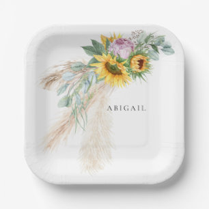 Boho Sunflowers & Pink Peonies Personalized Shower Paper Plate