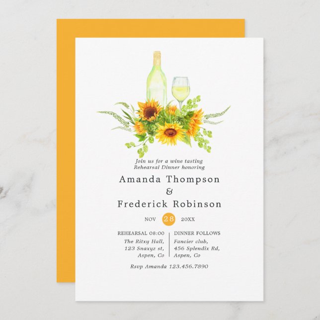 Boho Sunflowers Rehearsal Dinner Wine Tasting Invitation (Front/Back)
