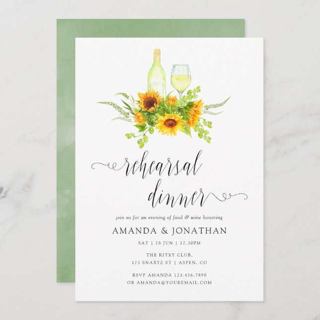 Boho Sunflowers Rehearsal Dinner Wine Tasting Invitation (Front/Back)