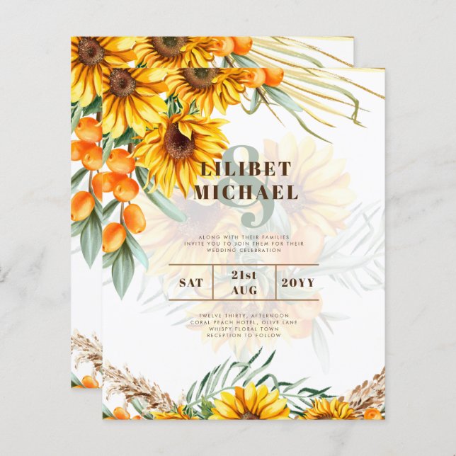 Boho Sunflowers Rustic Wedding Invite Double Sided (Front/Back)