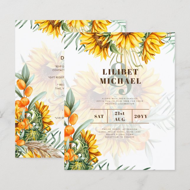 Boho Sunflowers Rustic Wedding Invite Double Sided (Front/Back)