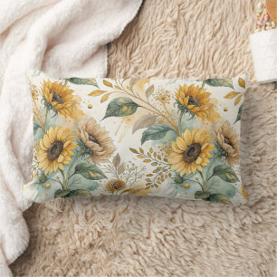 Boho Sunflowers Watercolor Gold Lumbar Pillow