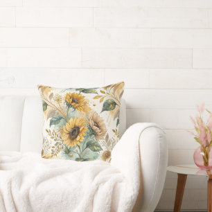 Boho Sunflowers Watercolor Gold Throw Pillow