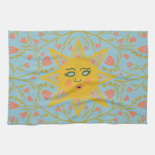 Boho Suns & Flowering Vines Pink Yellow Blue Kitchen Towel