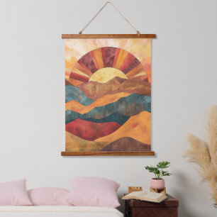 Boho Sunset Over Mountains -Retro Earthy Landscape Hanging Tapestry